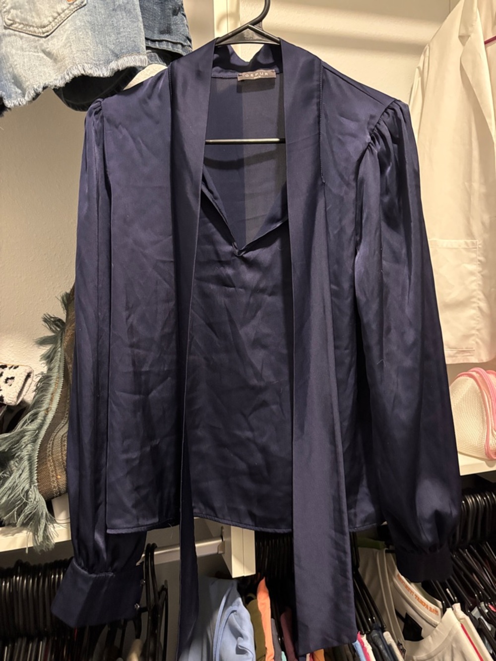 Navy Satin Long-Sleeve Tie-Neck Blouse Jacket